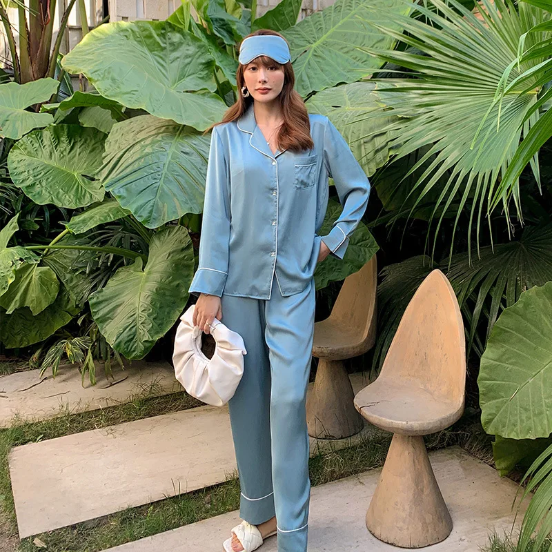 Silk Pyjamas for Women Long Sleeve Diamond Buttons Satin Pyjama Set Female Sleepwear Soft Thin Loungewear