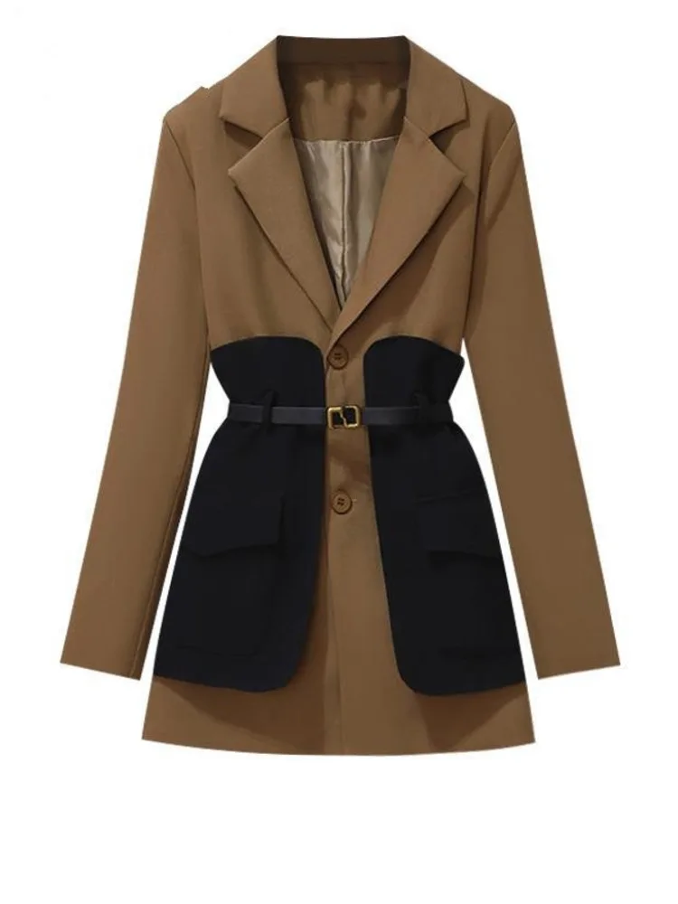 

HuaYangWomen Blazer Patchwork Single Breasted Full Sleeve Ladies Suit Coat Belt Color Matching Women's Long Suit Jacket 2022