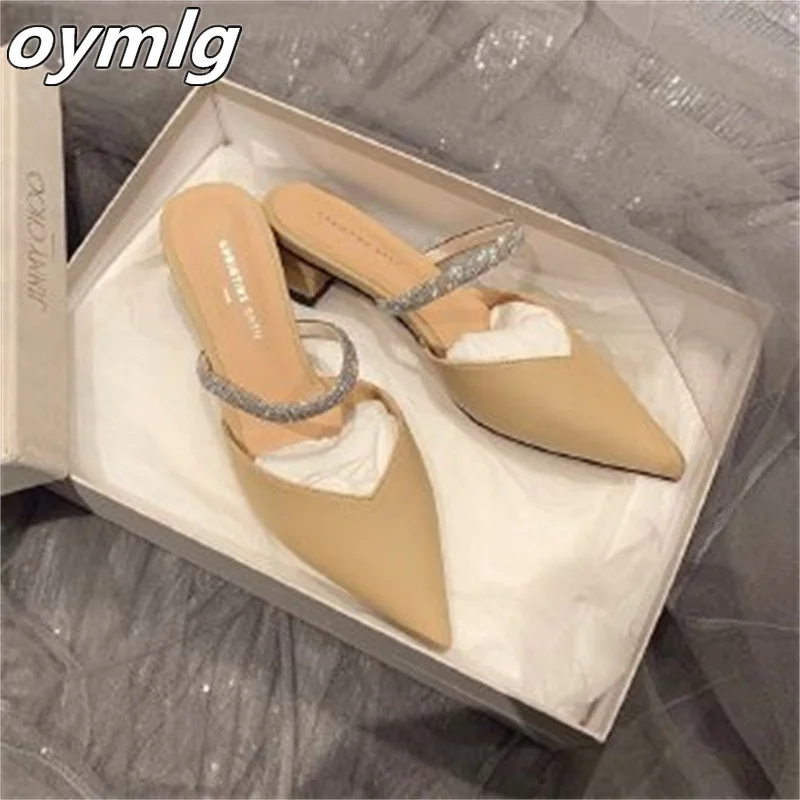 

New Baotou Half Slippers Women's Summer Outer Wear Thick Heel Pointed Muller Slippers Fashion Rhinestone Fairy Low Heel Sandals