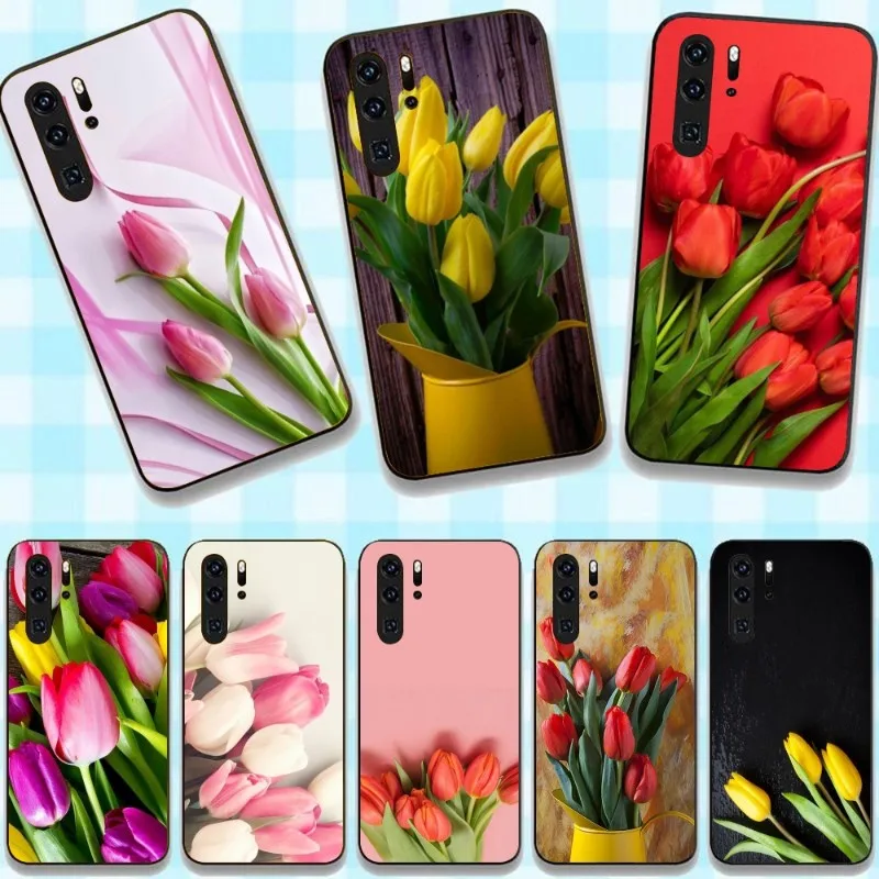 

Чехол для телефона с цветком тюльпана для Huawei P50 P40 P30 Pro Lite P Smart 2021 2019 Magic 3, мягкий черный чехол для телефона