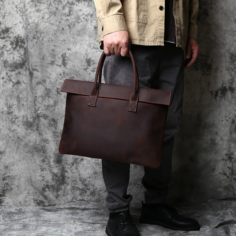 Retro Men's Briefcase Leather Casual HandbagTop Layer Designer Business Tablet Bag Thin Clutch Shoulder 16-Inch Laptop Briefcase