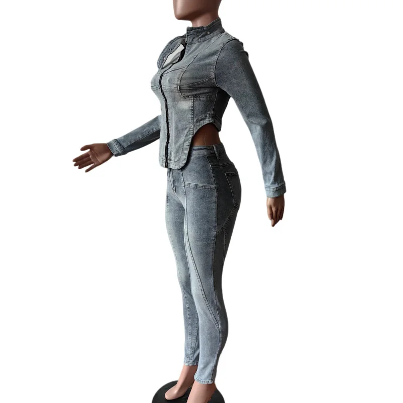 Элегантный модный джинсовый женский комплект куртка с длинными рукавами и