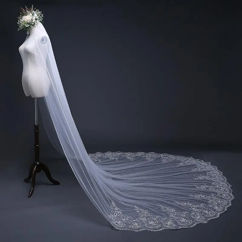 

4x1.8M 1 Tier Womens Glitter Sequins Floral Lace Trim Wedding Veil Jewelry Scalloped Cathedral Length Romantic Tulle Bridal
