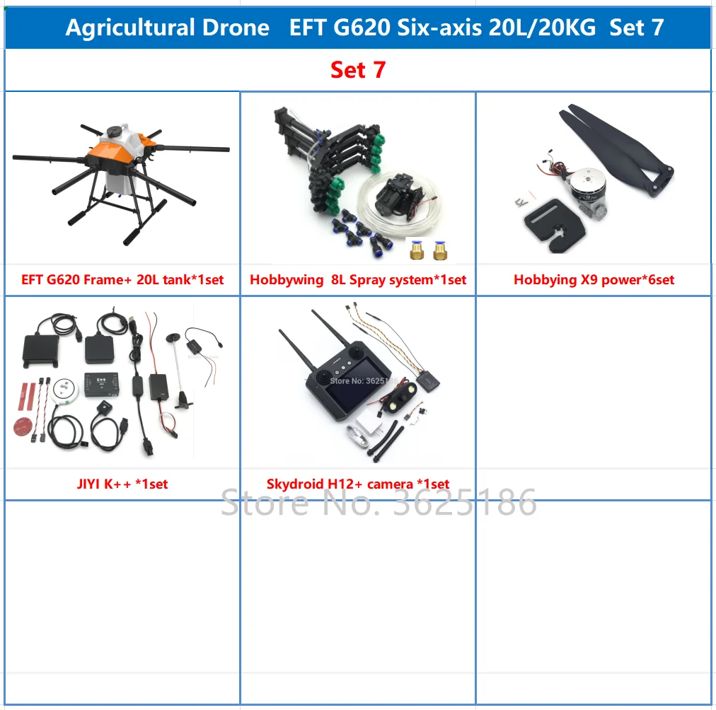 

2021 NEW EFT G620 Six-Axis 20L 20KG Agricultural Spray Drone 5L 8L Pump VD32 T12 H12 K++ K3A With Hobbywing X9 Power System Kit