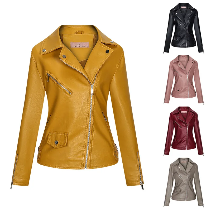 

European and American temperament women's coat PU lapel zipper slim jacket leather women's 2022 and winter new jacket women