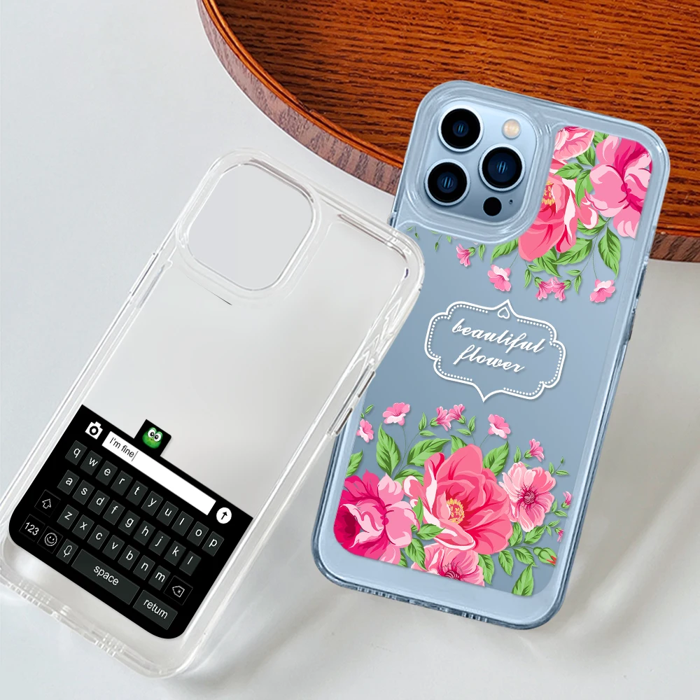 

Flower Clear Phone Case for iPhone 14 13 12 11 Pro Max Mini XS XR X Back Cover Coque for iPhone14ProMax Funny Typewriting Fundas