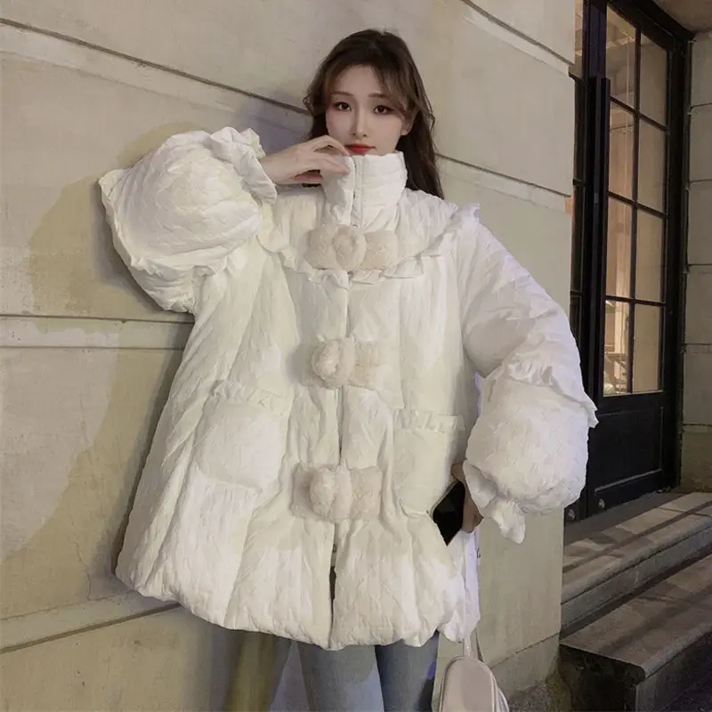 Fashion Parkas Disc Buckle Thick Padded Jacket Super Hot Winter Women's Coat Loose White Down Cotton Coat New Cheap Wholesale