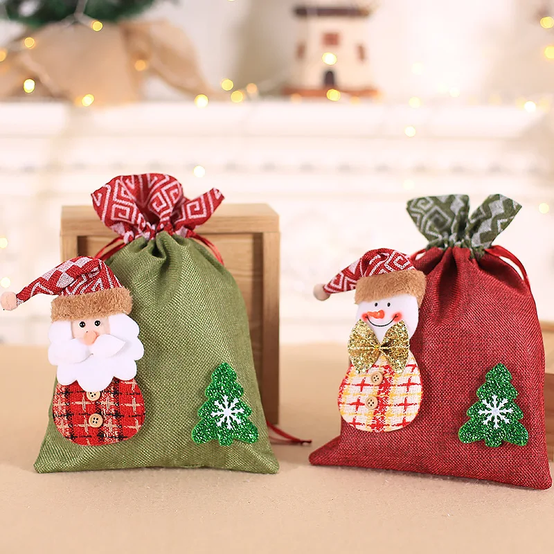 

Популярная Рождественская Подарочная сумка со шнурком, мешки для Санты, конфет, печенья, большая сумка, орнамент с рождественской елкой праздничное украшение