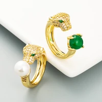 fashion gold color color metal leopard head green zircon open ring punk vintage geometric adjustable ring for women jewelry