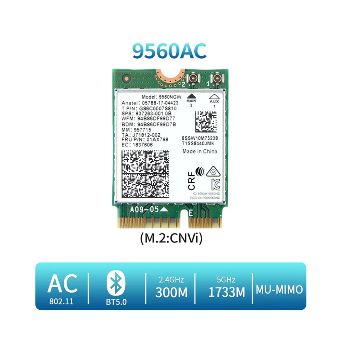 

9560NGW Wi-Fi карта + 2x Антенна 9560 Мбит/с беспроводной AC 2,4 5,0G + 5G BT 802.11Ac M.2 CNVI 9560NGW беспроводной адаптер