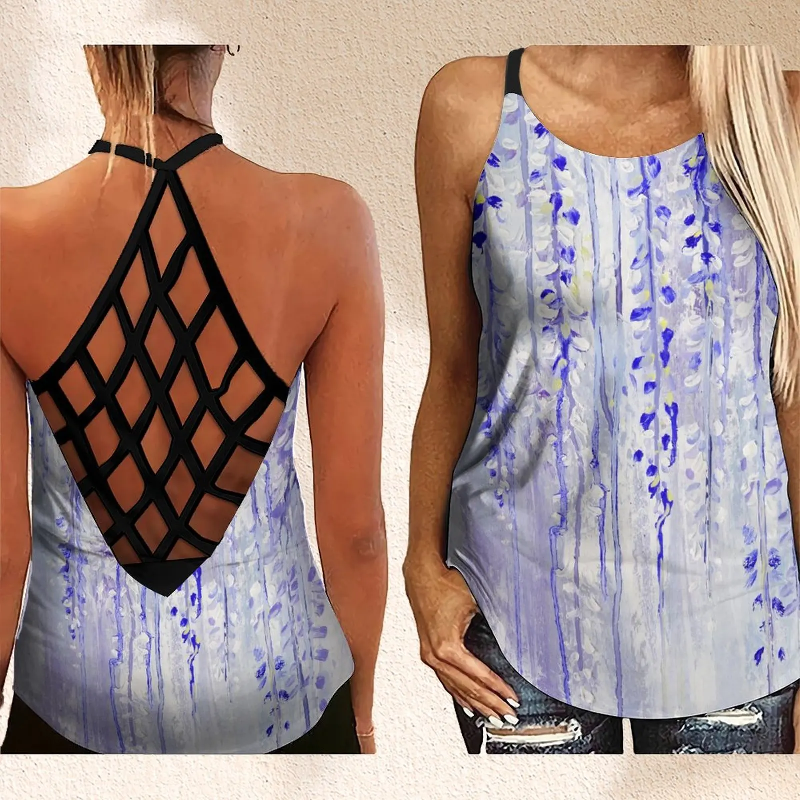 

Summer Women's Hollow Out Sleeveless Cross Cross Tank Top Fashion Flower Gradient Print Women's Best