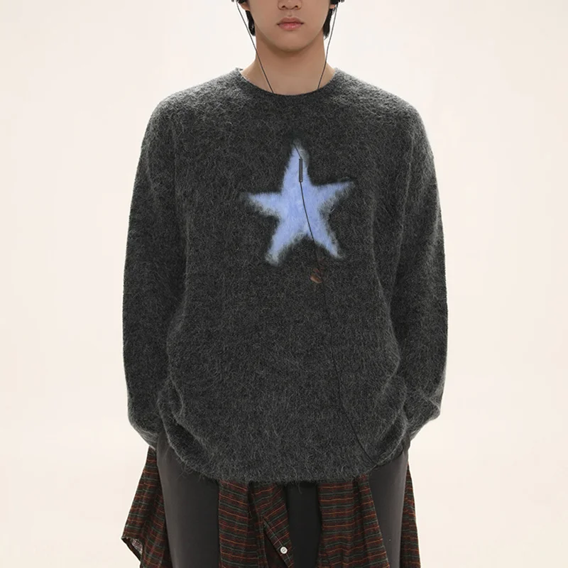 

Y2k одежда для мужчин, Свитер оверсайз со звездами, черный свободный серый женский винтажный трикотажный свитер в стиле ретро, осень 2023, хлопковый пуловер унисекс