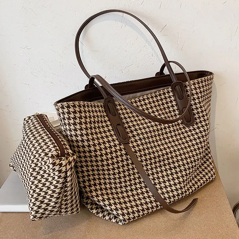 

Casual Houndstooth Wool Blend Handbag Women Large Capacity Handle Bag Simple Shoulder Bags Shopping Lady Totes Pouch Clutch E312