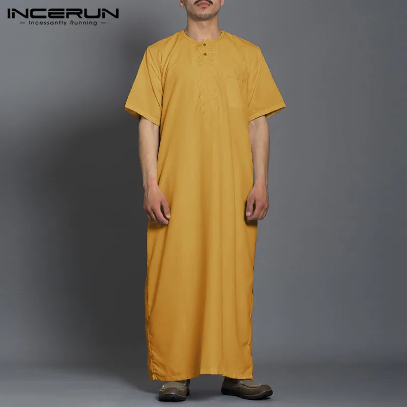 

Men Muslim Islamic Kaftan Saudi Arabia O Neck Short Sleeve Jubba Thobe Fashion Solid Color Middle East Dubai Robes INCERUN S-5XL