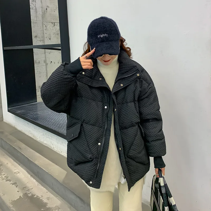 Pressed Pleated Stand Collar Down Jacket Women's Winter New Loose Cotton Jacket White Duck Down Short Section Warm Bread Clothes