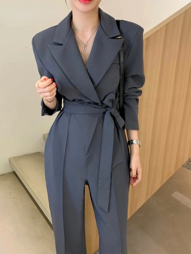 

JumpSuits for Women Spring Autumn New In Female Chic Elegant Korean Style Lapel Belt Suit Solid Color Long Sleeve Jumpsuits