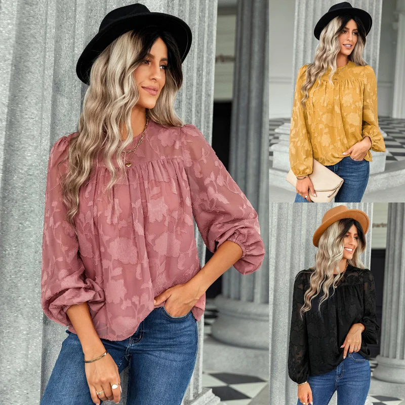 

Women's Clothing Women Shirt Blouses Pullover Round Neck Long Sleeve Printing Lace Fashion Summer