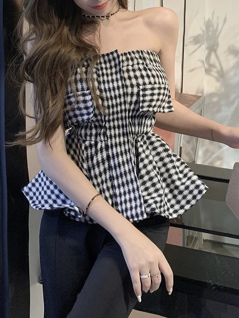 

Blusas Mujer De Moda 2022 Sexy Black White Plaid Shirts Women Strapless French Temperament Slim Retro Ruffle Top Corset Blouse