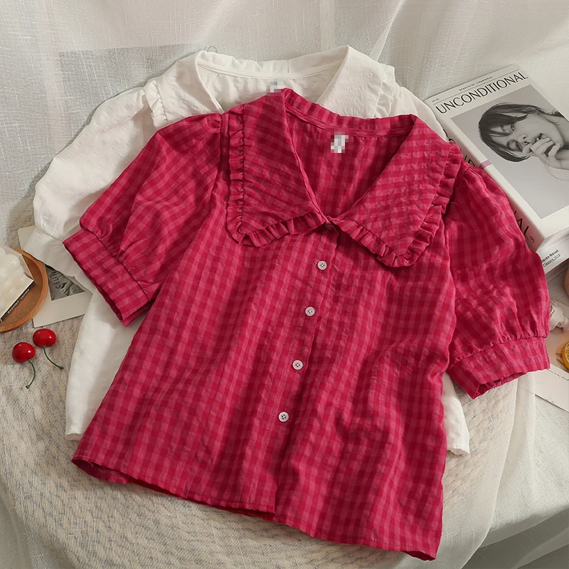 

Women Blouse 2022 Summer Fungus Edge Doll Collar Short Sleeved Plaid Shirt Women's New Short Single-Breasted Cardigan Tops