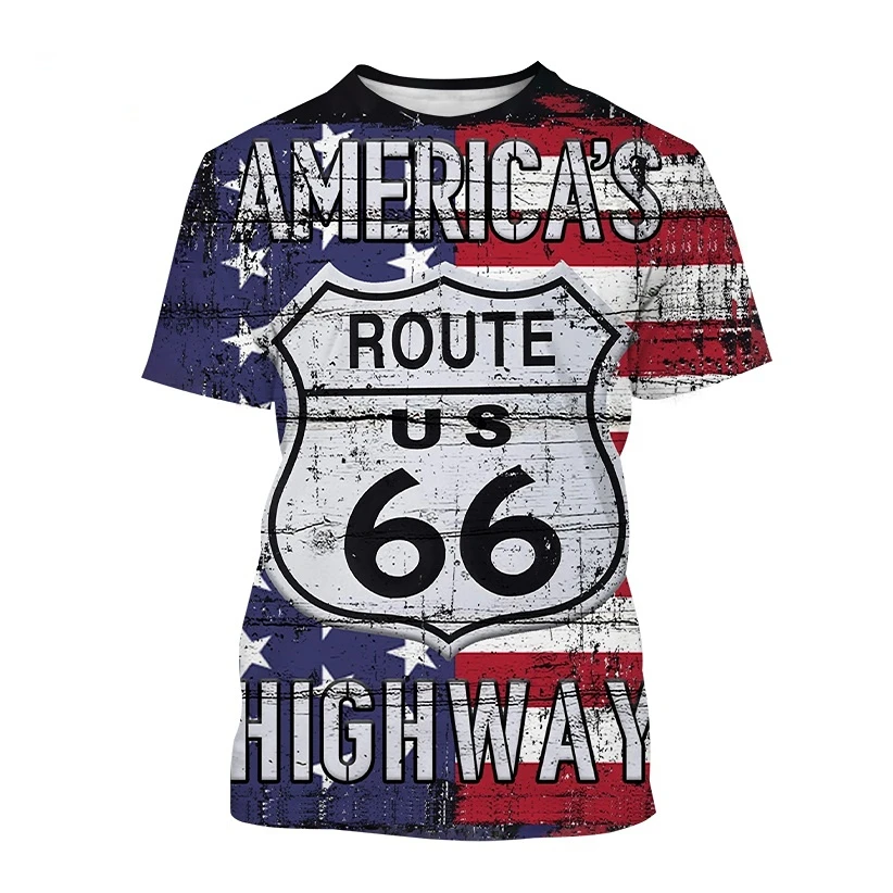 

Summer Route 66 Digital Print Men's Casual T-Shirt Streetwear Short Sleeve TShirt Fashion O Neck Gym Oversized Men‘s Clothing