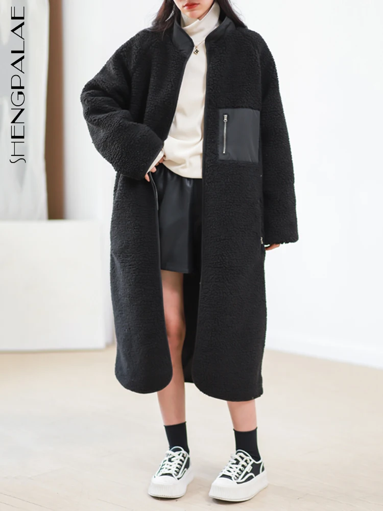

Женское шерстяное пальто SHENGPALAE, модное повседневное Прямое пальто с воротником-стойкой и карманами на молнии, осень 2023, новинка 5R5175