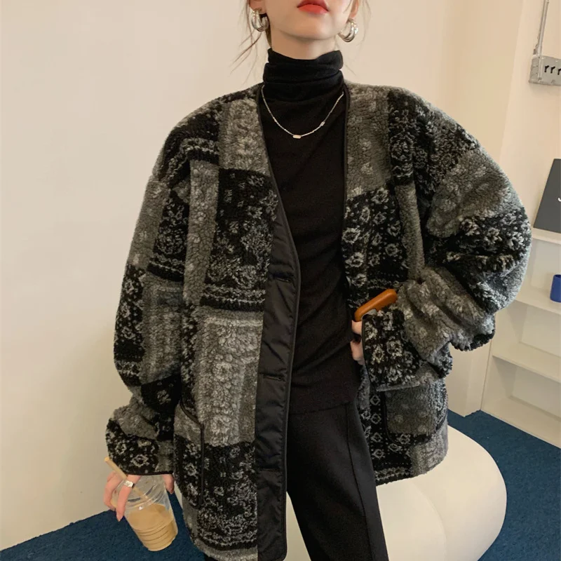 Women's Parka Coat Fashion Print Winter Jacket Loose Round Neck Warm Thick Lamb Wool Thicken Jacket Casual Streetwear Women