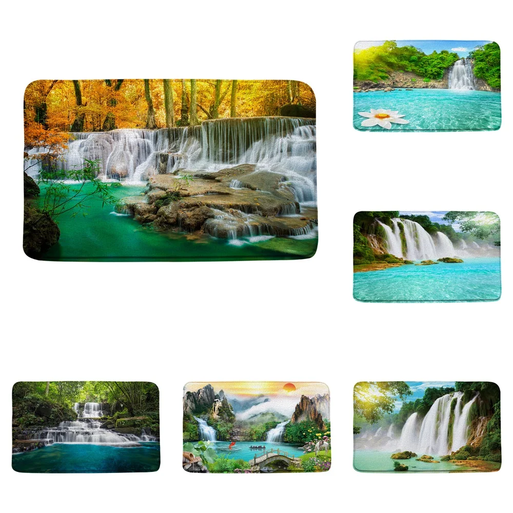 

Fall Forest Waterfall Bath Mat Lake Jungle Rainforest Nature Scenery Landscape Bathroom Rug Flannel Bedroom Toilet Decor Doormat