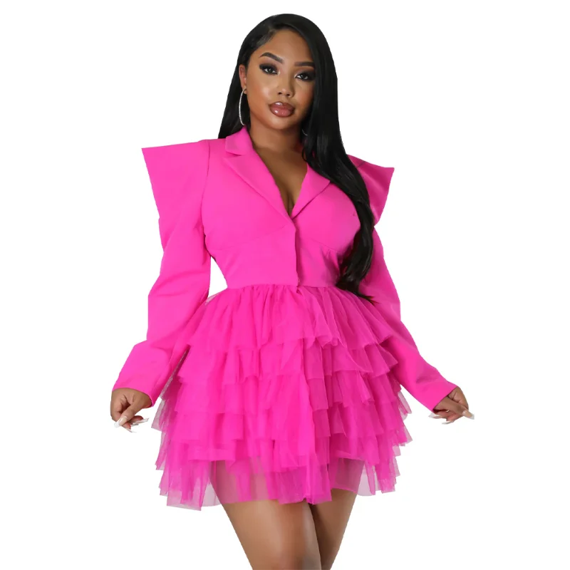 

Cascading Ruffles Mesh Patchwork Blazer Dress Women Notched V Neck Long Sleeve Right Angle Shoulder Slim Mini Party Dresses