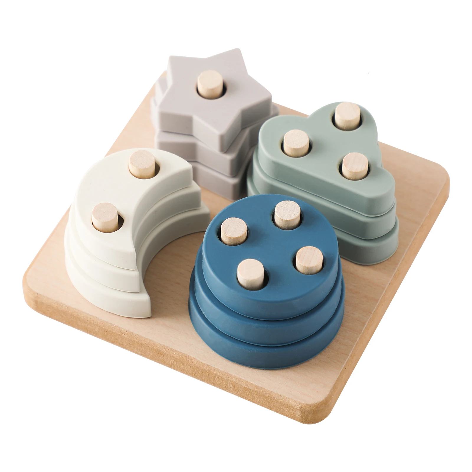 Wooden Silicone Geometric Shape Sleeve Post Blocks Toy Block Star Moon Clouds Montessori Educational Stacking Toys for Children