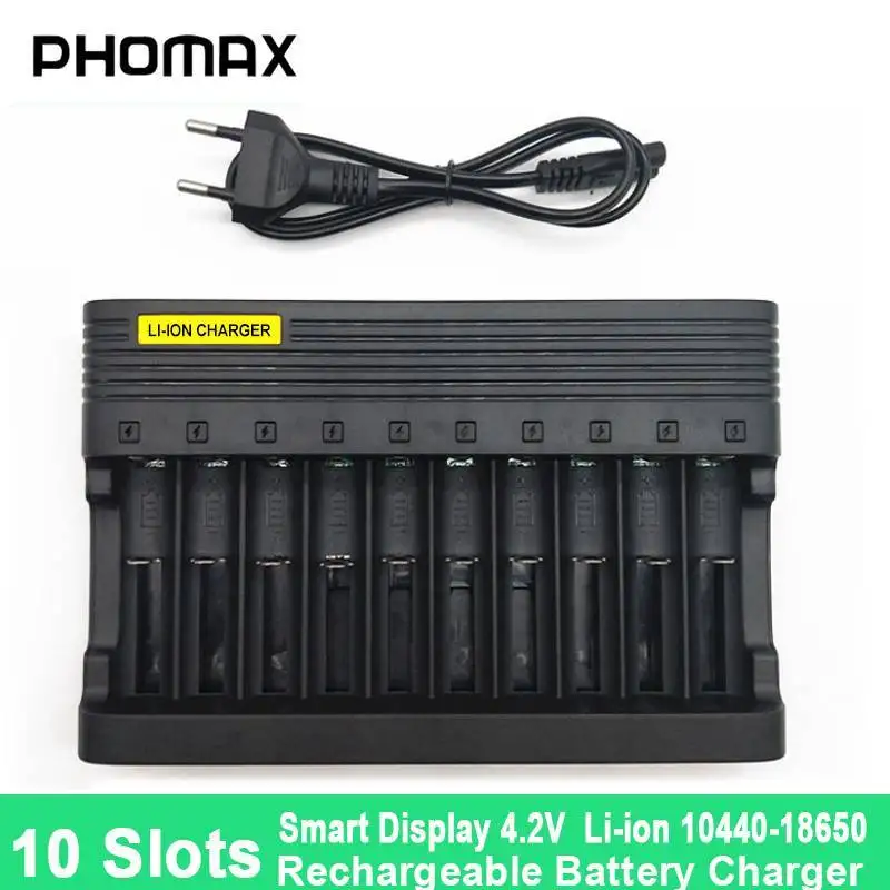 

PHOMAX Lithium-ion Rechargeable Battery Charger 10-Slot EU Plug LED Display Turns Green Illumination When Charging Is Finished