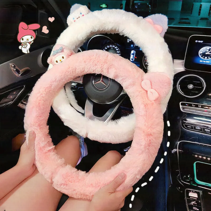 Anime Sanrio Car Decoration Steering Wheel Cover Hello Kitty Melody Cinnamorol Kuromi Plush Soft Cartoon Cute Car Accessories