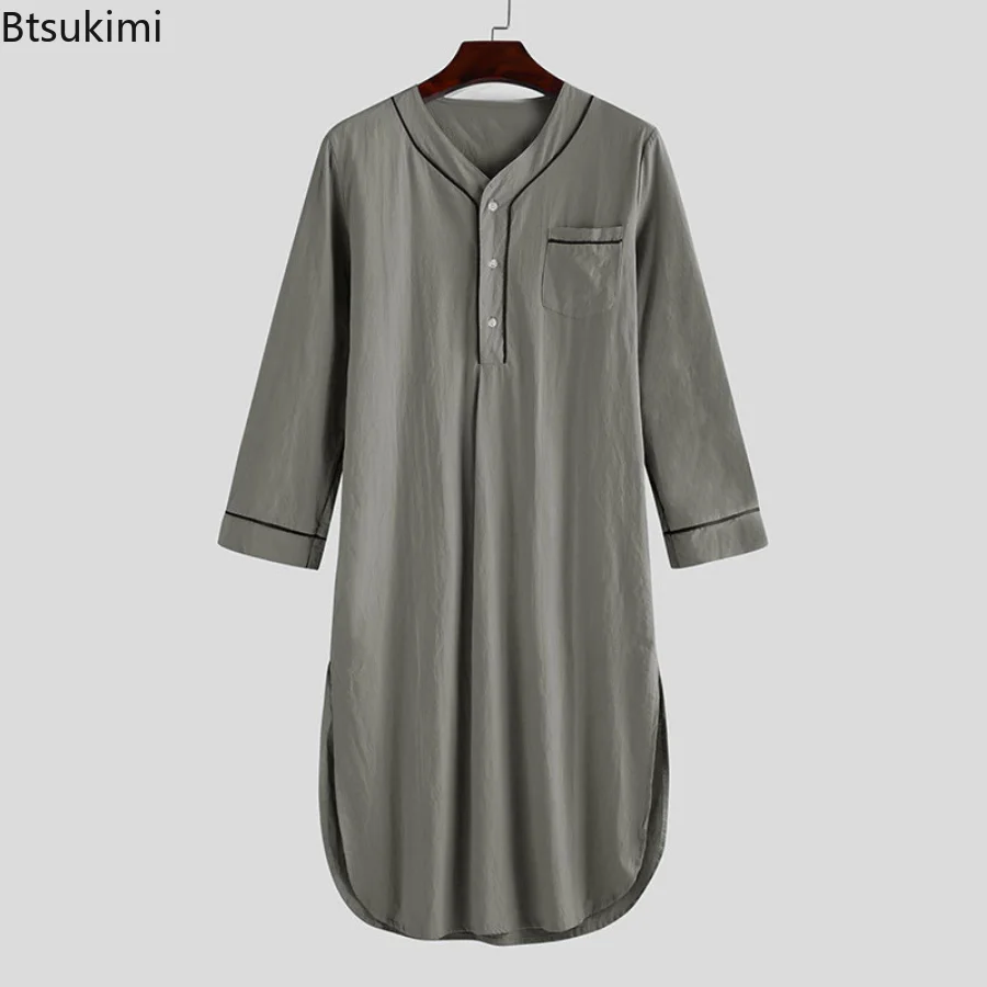 2023 Muslim Fashion Men Jubba Thobe Solid Pajamas Casual Abayas Muslim Robe Long Sleeve Nightgown Bathrobes Mens Muslim Kaftan
