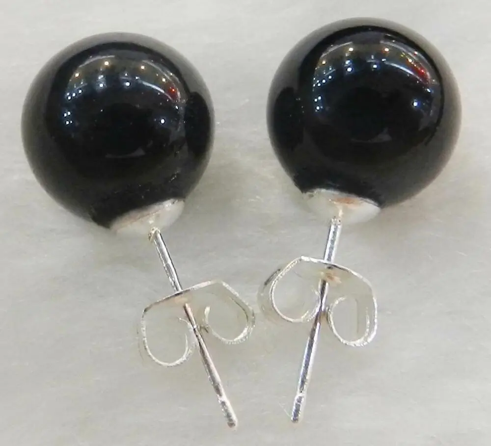 

Genuine 10mm Natural Black Agate Gemstone 925 Silver Stud Earrings AAA