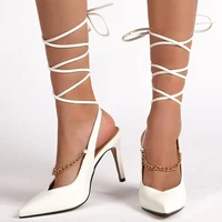 fashion summer lady shoes party prom shoes high heeled shoes with cross straps pointed toe stiletto metal chain sandals women