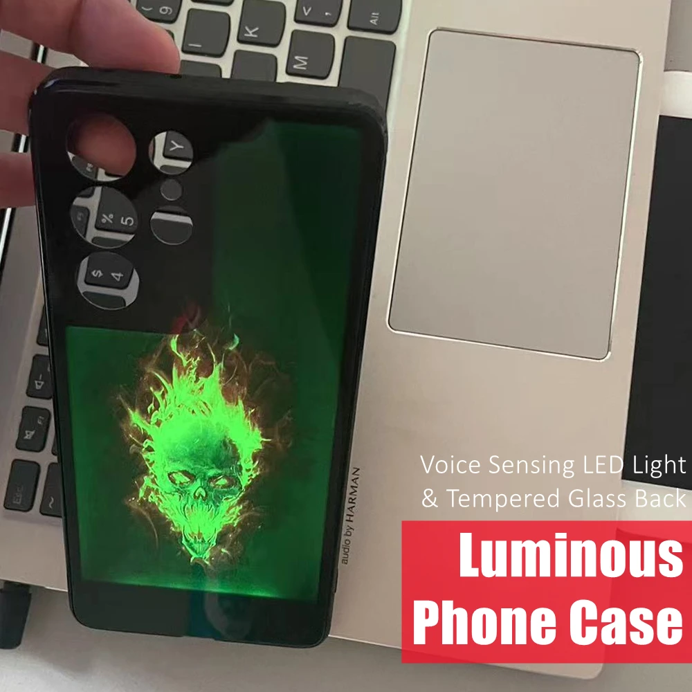 

Cool Skull Colorful LED Light Glowing Luminous Tempered Glass Phone Case for OPPO Reno 5 6 7 8 9 Find X5 Realme X50 Pro Plus SE