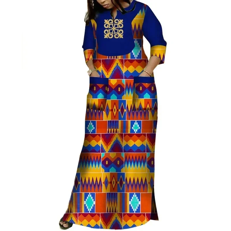 Африканские платья Dashiki для женщин длинные с аппликацией Bazin Riche и принтом двумя