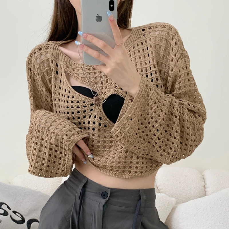 

White Hollow Knitted Sweater Women's Summer Thin Loose Design Short Top Outer Wear