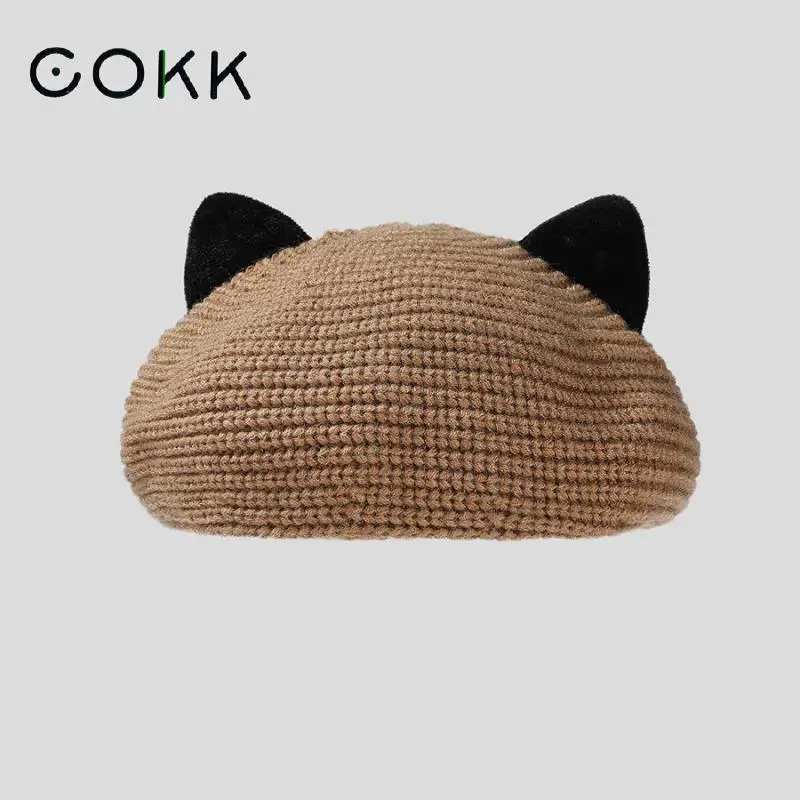 

COKK Hat Women Beret Winter Cute Cat Ear Knitted Hats For Women Casual Thick Warm Painter Cap Beret Femme Boina Gorro Fashion