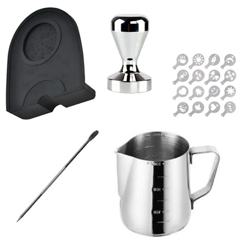 

1 Set Of Espresso 51MM Coffee Tamper Mat Silicone Rubber Tamper Corner Mat Coffee Maker With 350ML Milk Jug And Art Pen
