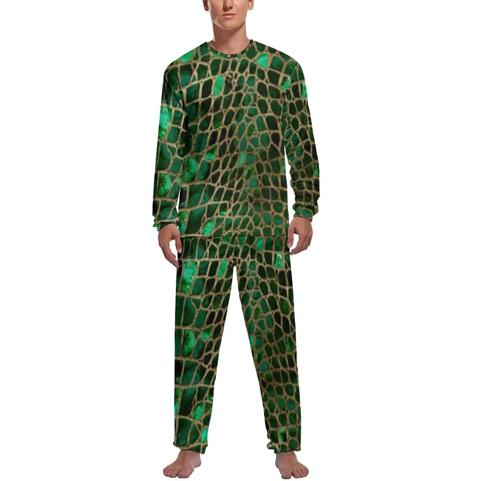 Animal Print Pajamas Autumn 2 Pieces Faux Crocodile Texture Lovely Pajamas Set Men Long Sleeve Home Design Sleepwear