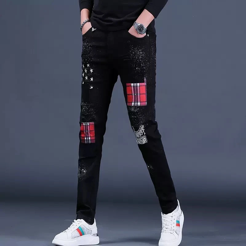 Autumn Black Ripped Patch Jeans Men Streetwear Plaid Patchwork Pants Fashion Star Printed Casual Stretch Slim Fit Denim Trousers