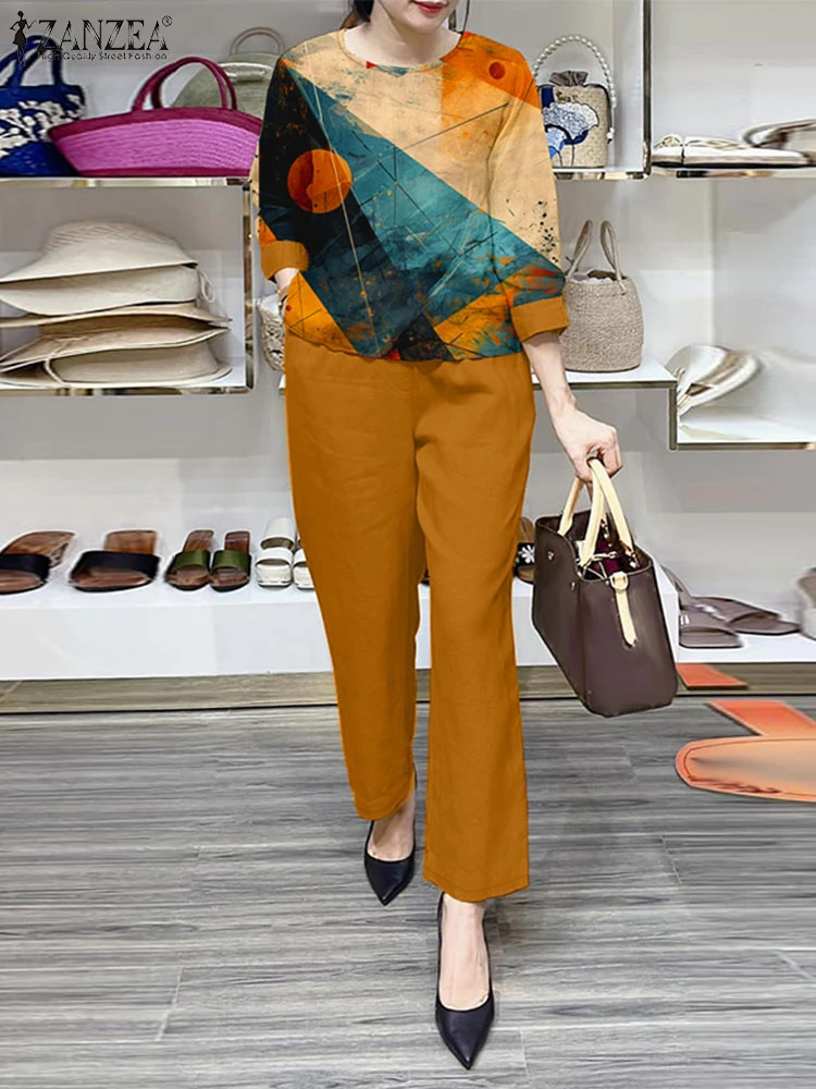 ZANZEA женские повседневные комплекты из 2 предметов 2024 осенняя блузка с принтом для