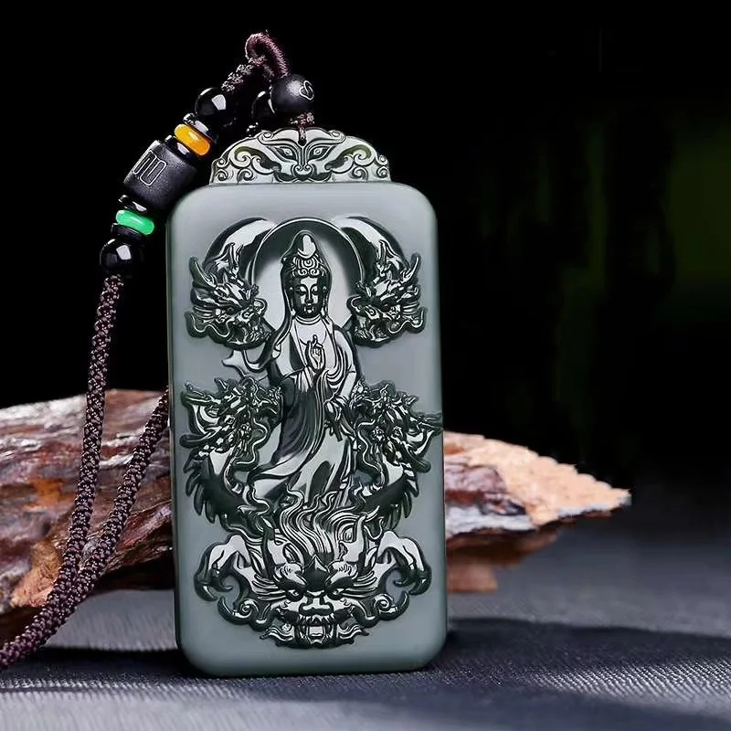 

Jia le/Hand Carved/Xin Jiang He Tian Cyan Jade Kowloon Guanyin Necklace Pendant Fashion Accessories Men Women Couple Amulet Gift