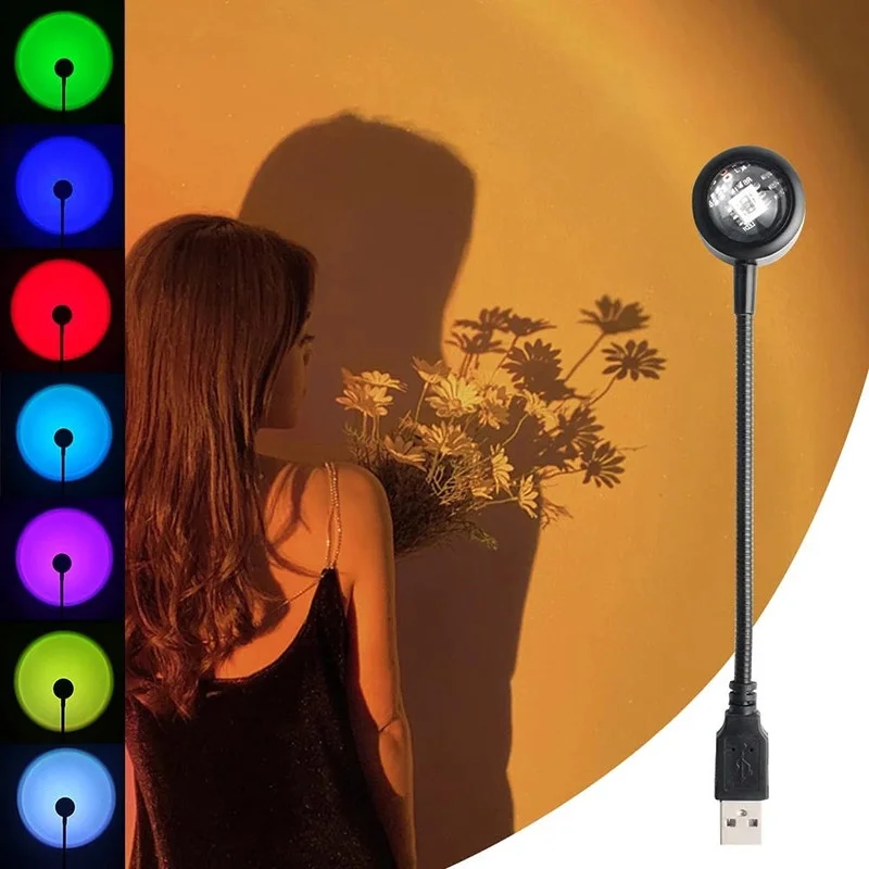 

USB Sunset Lamp 7 Color Night Light 360 Rotation Atmosphere Projection Light for Car Home Wall Party Selfie Live Streaming Decor