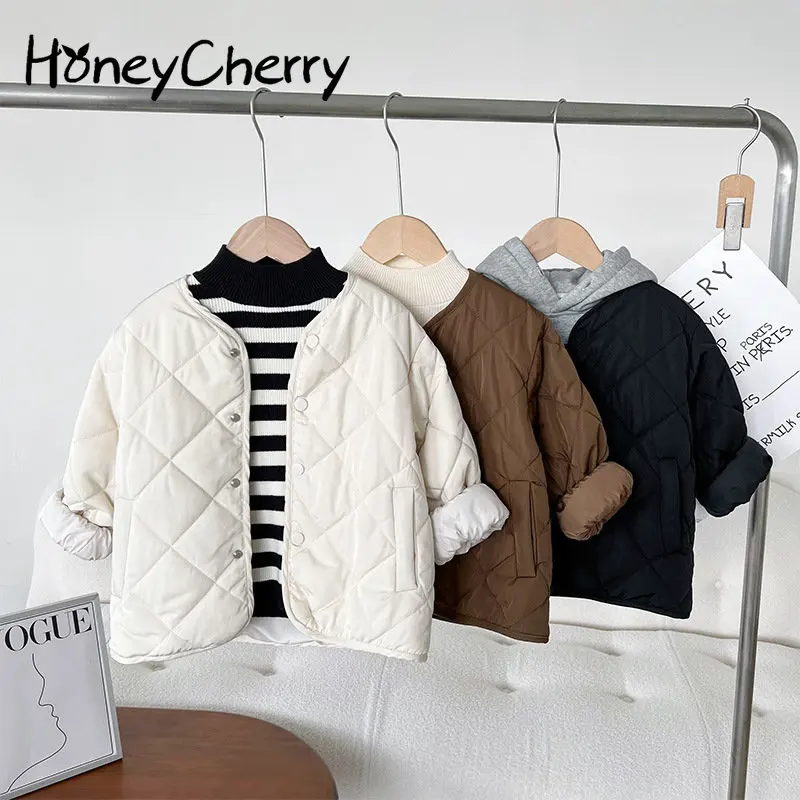 

HoneyCherry Winter New Children's Diamond Plaid Cotton-padded Clothes Round Neck Thickened Warm Coat Boys Jacket