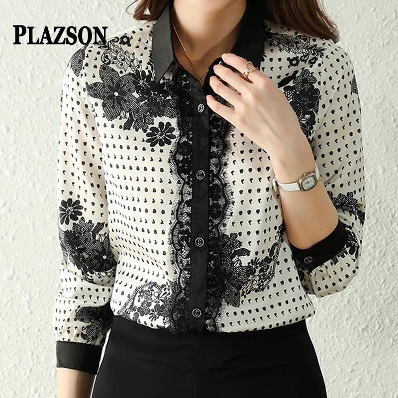

PLAZSON Luxury Print Long Sleeve Shirt Tops For Women Elegant Silk Lapel Button-up Female Blouse bluzka elegancka damska camisas