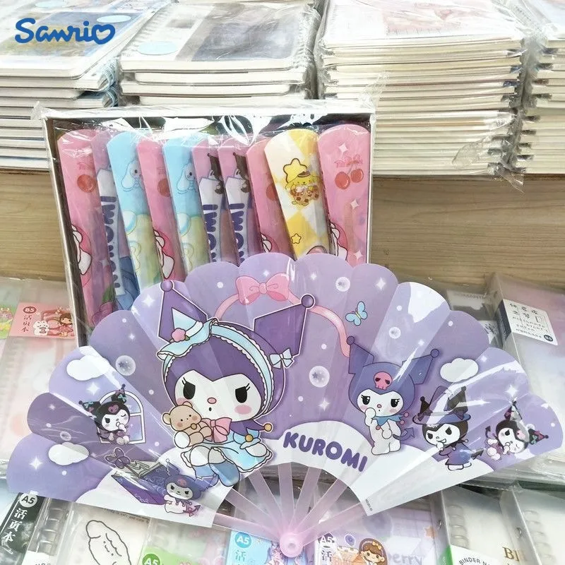 50pcs Sanrio Kuromi My Melody Cinnamoroll Seven Fold Fan Anime Cartoon Pom Pom Purin Portable Summer Folding Fan Kids Gifts