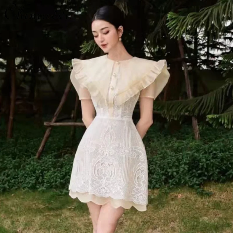 

Вьетнамский модный бренд 2022, летнее Новое Кружевное лоскутное платье с вышивкой и оборками, женское винтажное милое платье выше колена во ф...