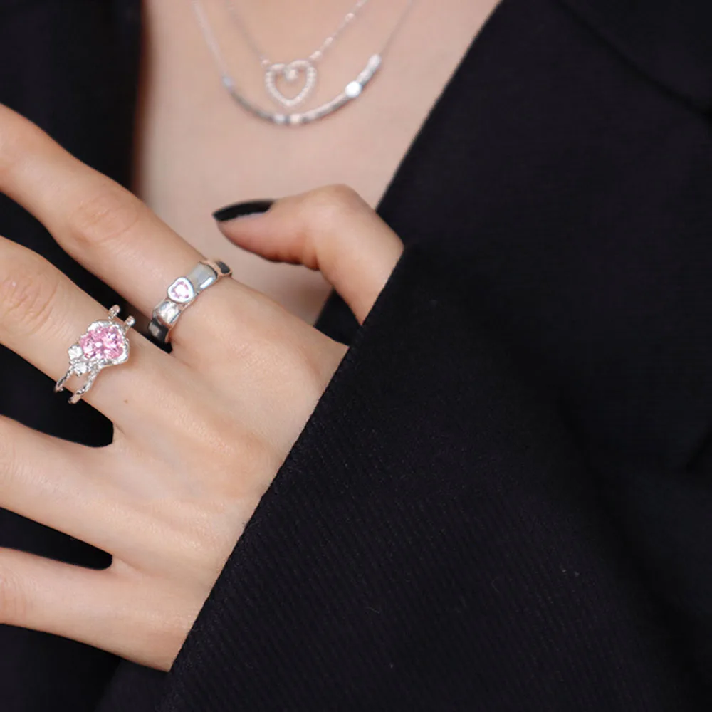 

Irregular Super-Stack Wearing Flash Cherry Pink Sweet Cool Gem Love Diamond Shaped Zircon Open Rings for Women Ins Style