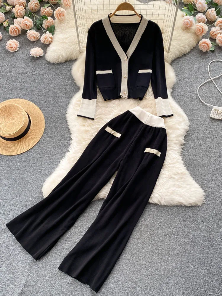 

Korean Fashion Casual Knitted 2 Piece Set Women Cardigan Coat + Wide Leg Pants Suits Female Small Fragrance Two Piece Pants Sets